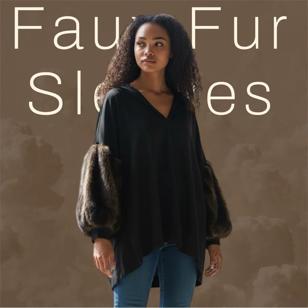 Vintage style Zara Black V-Neck Tunic with Faux-Fur Brown Balloon Sleeves - Picture 8 of 12